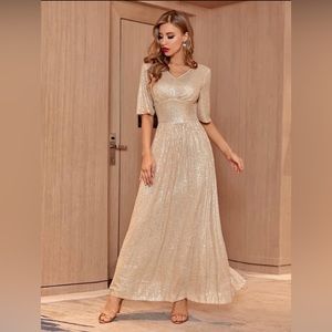 Shein Tiered A-Line Sequin V-Neck Maxi Dress size 4